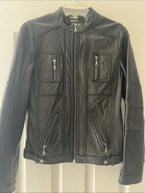 DKNY Black Leather Bomber Jacket with Zip Pockets